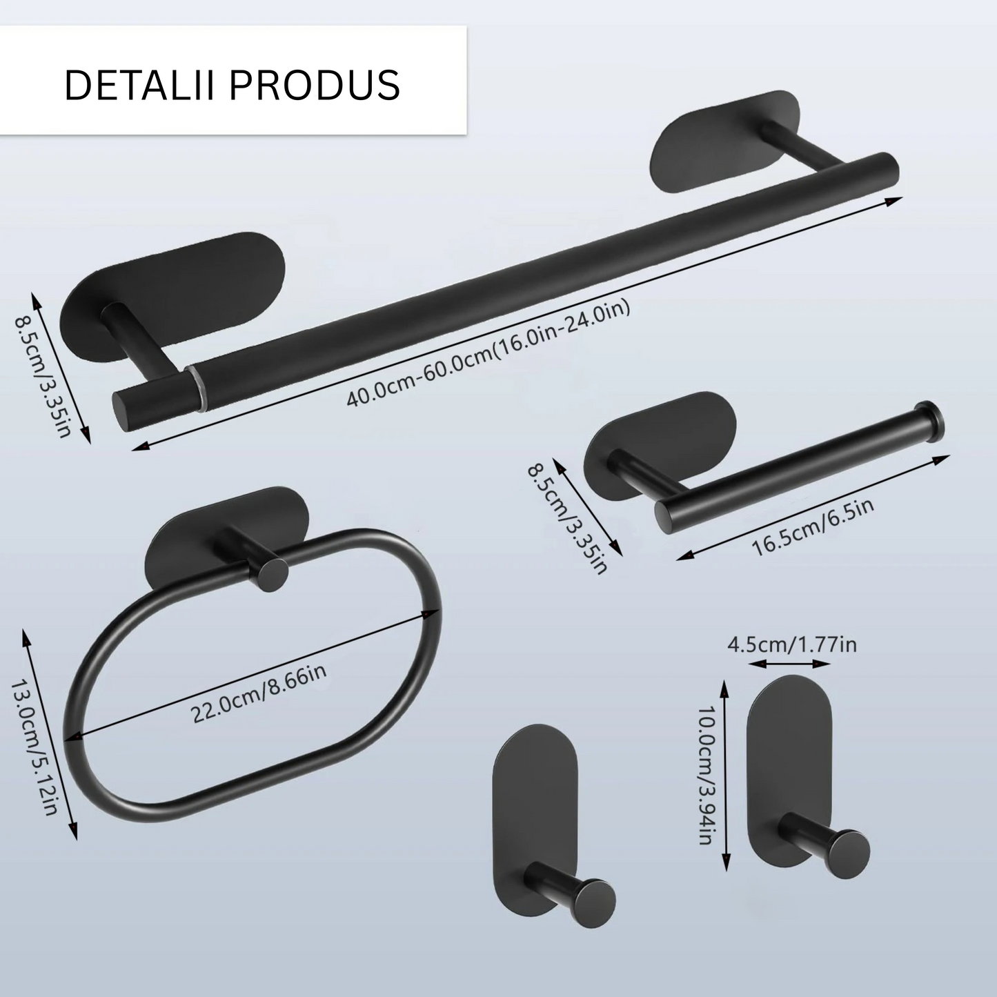 Set Accesorii Baie din Oțel Inoxidabil – Fără Găurire, Suport Prosop, Hârtie Igienică, Agățătoare