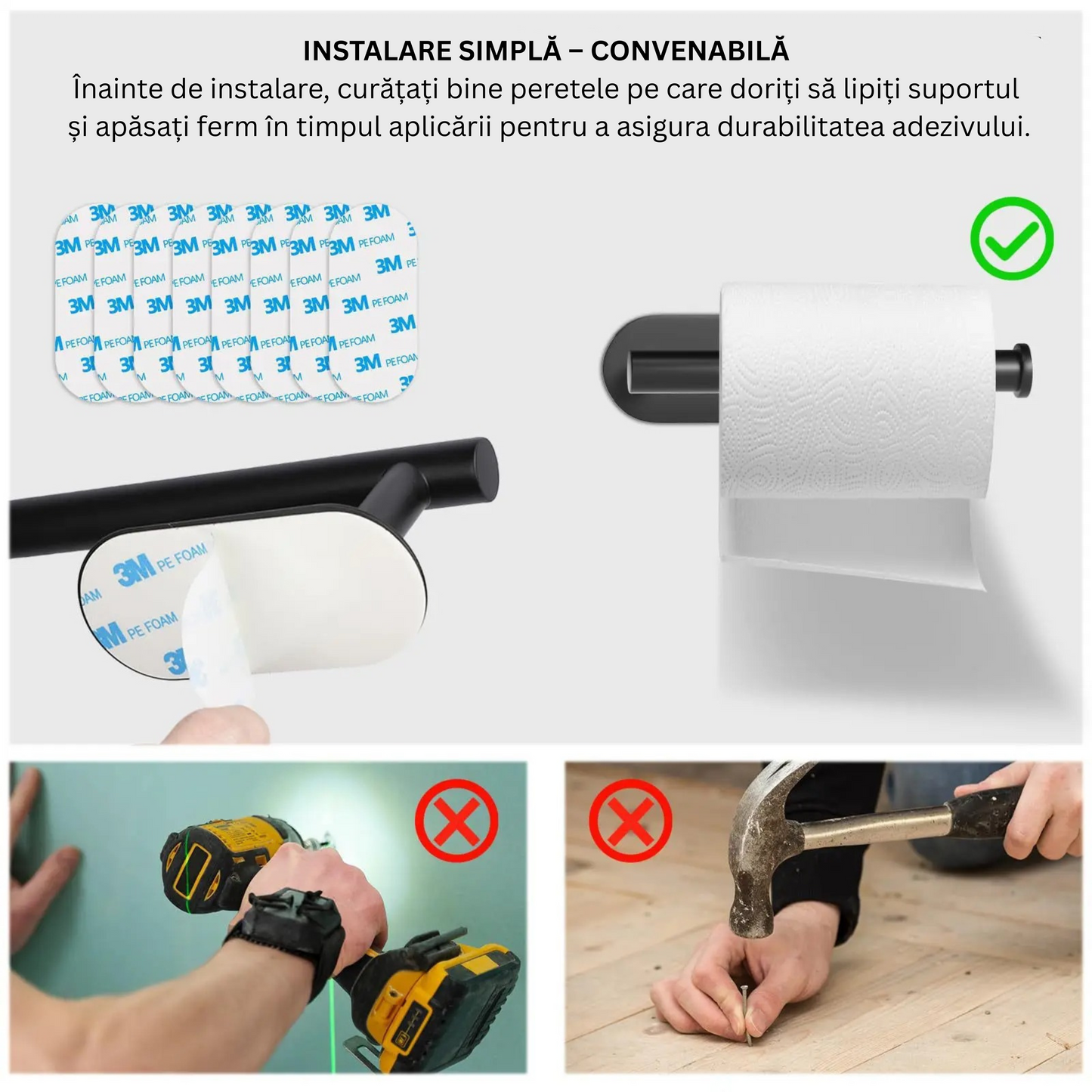 Set Accesorii Baie din Oțel Inoxidabil – Fără Găurire, Suport Prosop, Hârtie Igienică, Agățătoare