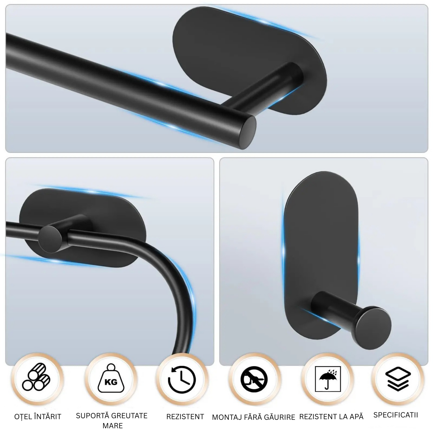 Set Accesorii Baie din Oțel Inoxidabil – Fără Găurire, Suport Prosop, Hârtie Igienică, Agățătoare
