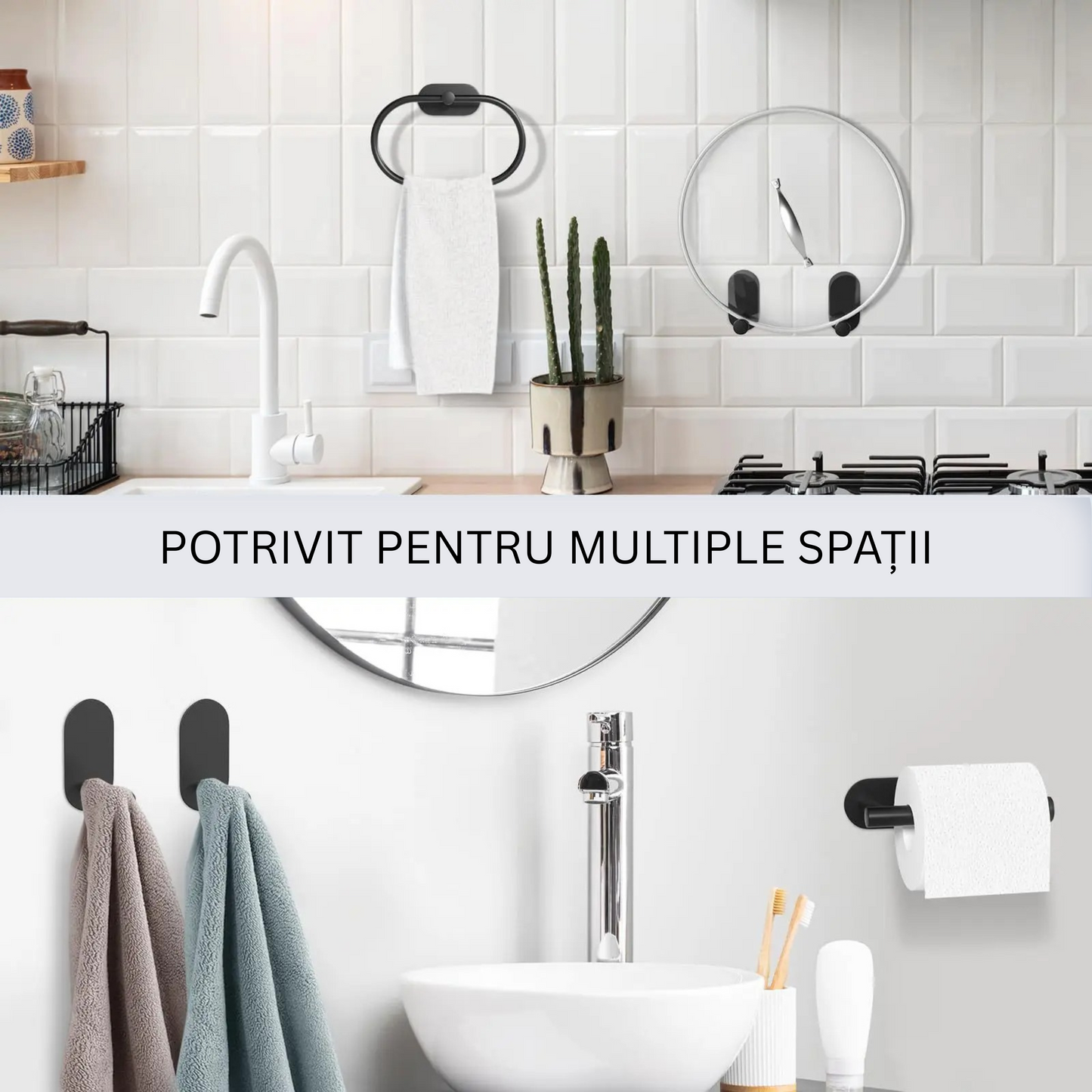 Set Accesorii Baie din Oțel Inoxidabil – Fără Găurire, Suport Prosop, Hârtie Igienică, Agățătoare
