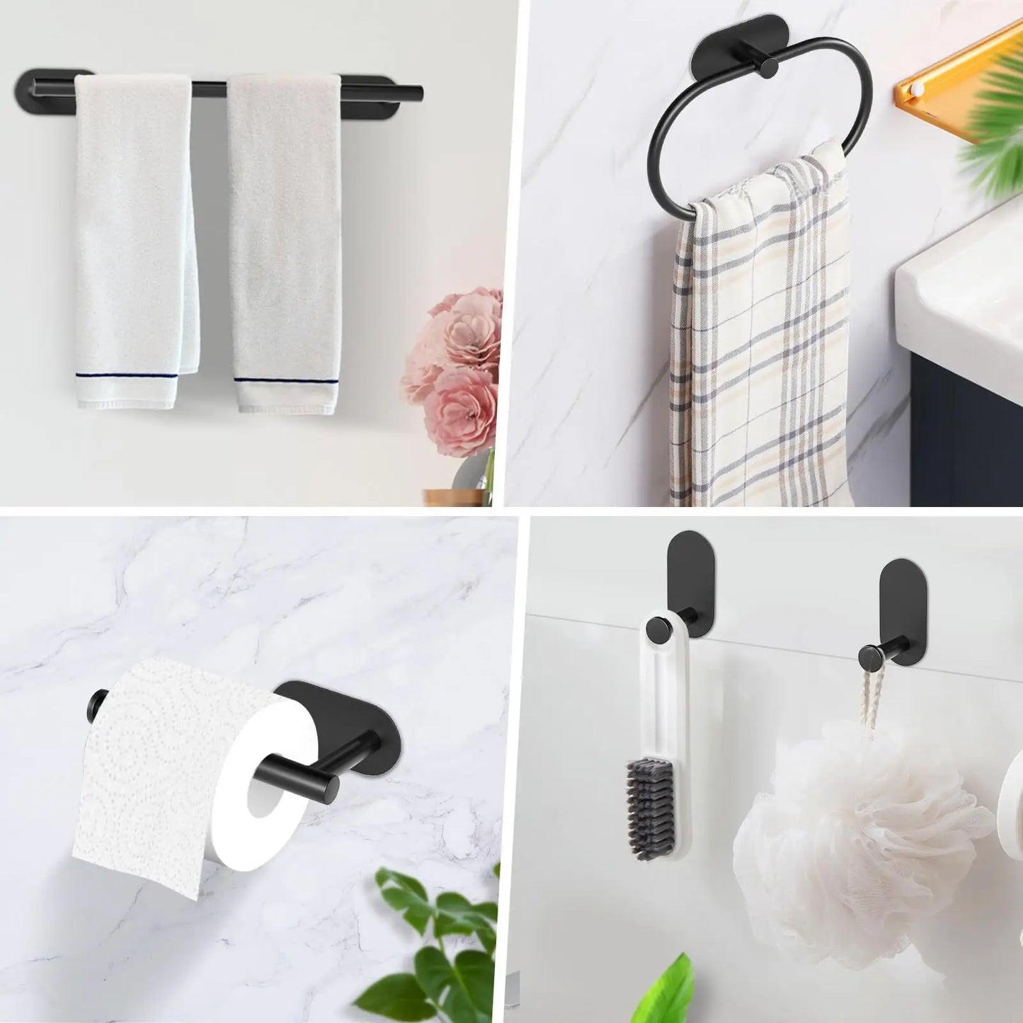 Set Accesorii Baie din Oțel Inoxidabil – Fără Găurire, Suport Prosop, Hârtie Igienică, Agățătoare