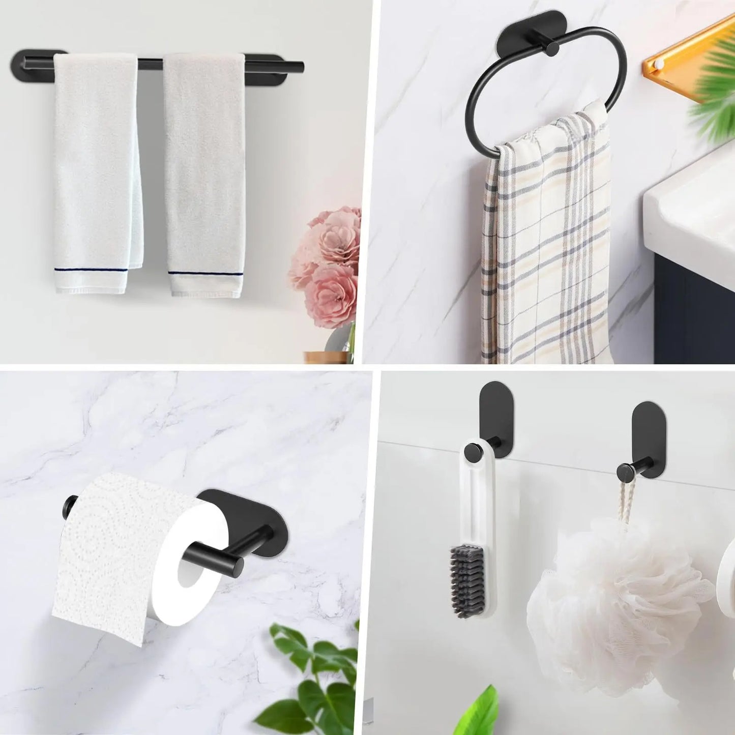 Set Accesorii Baie din Oțel Inoxidabil – Fără Găurire, Suport Prosop, Hârtie Igienică, Agățătoare